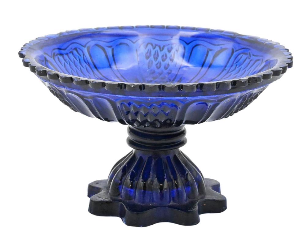 Sandwich Glass Cobalt Blue Compote, with small rim chips, height 3 inches, diameter 5 inches.: Sandwich Glass Cobalt Blue Compote, with small rim chips, height 3 inches, diameter 5 inches. Provenance: Estate of Wallace Bradway, New Haven, CT