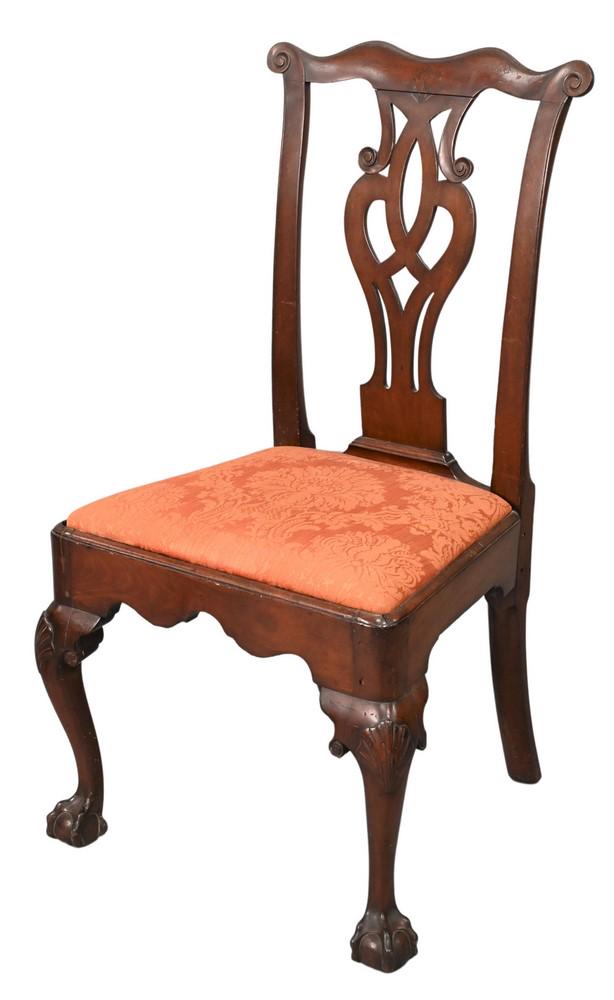 Chippendale Mahogany Side Chair, having scalloped top rail with intertwined back, over slip seat,: Chippendale Mahogany Side Chair, having scalloped top rail with intertwined back, over slip seat, all set on shell carved cabriole legs ending in ball and claw feet, probably Pennsylvania, 18th centur