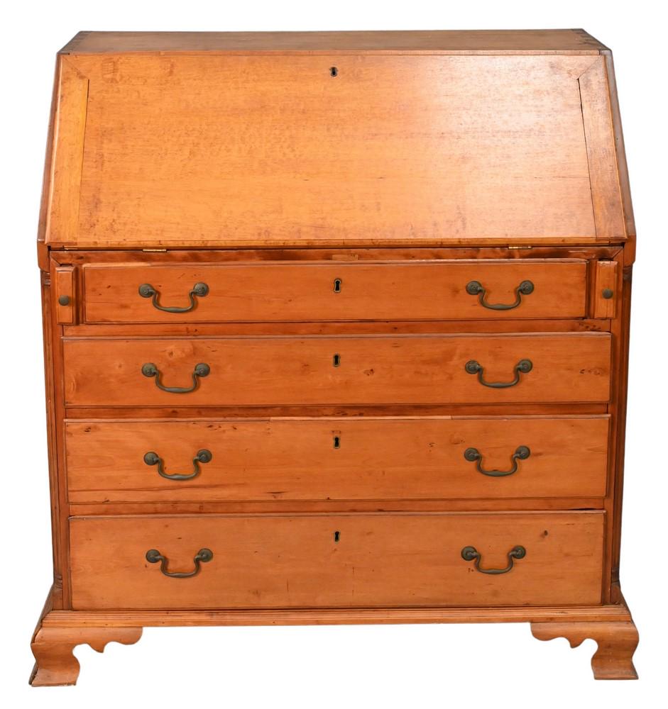 Chippendale Maple Slant Lid Desk, having fitted interior over four graduated drawers ending in ogee: Chippendale Maple Slant Lid Desk, having fitted interior over four graduated drawers ending in ogee feet, height 42 inches, width 39 inches, depth 22 inches. Provenance: Estate of Florence Yannios, Wa
