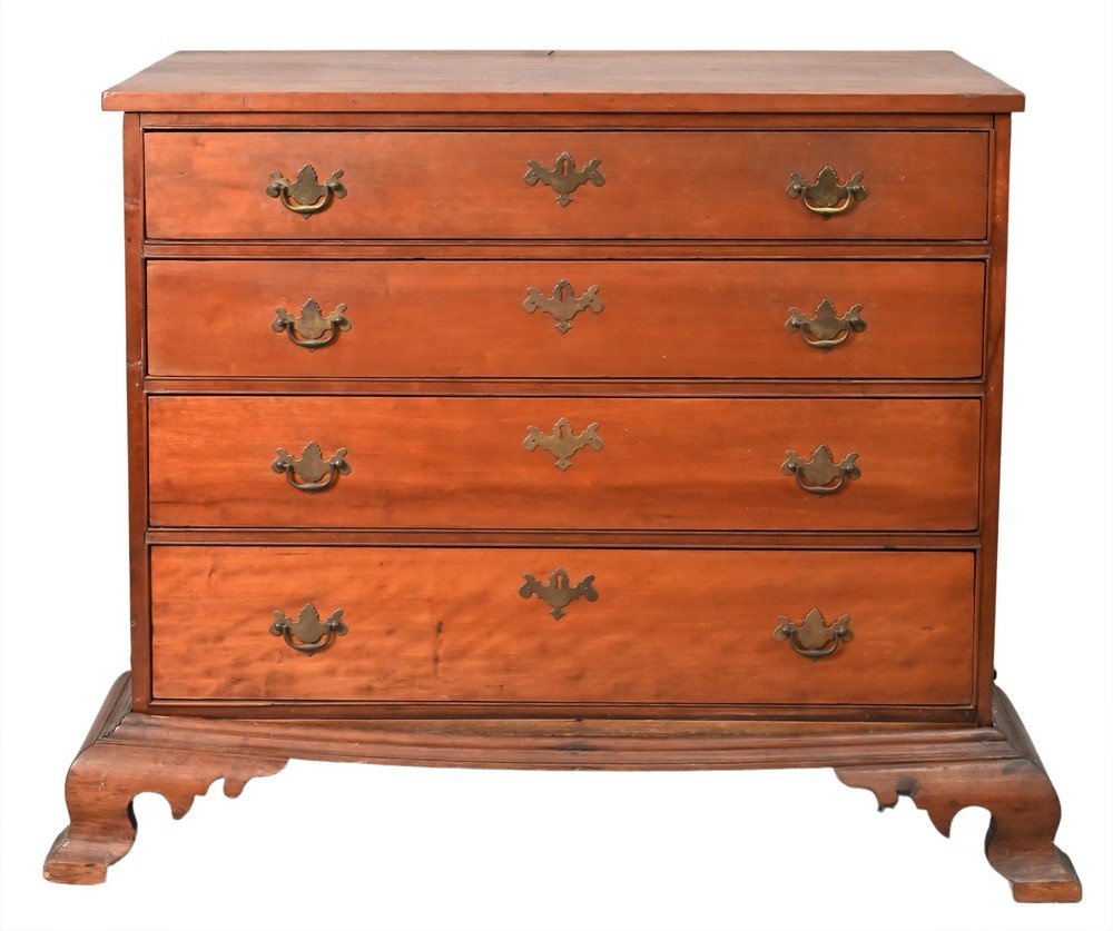 Chippendale Chest, on base, having four drawers on separate base with bold ogee feet and large spurs: Chippendale Chest, on base, having four drawers on separate base with bold ogee feet and large spurs, circa 1760, (originally a base for chest on chest), height 32 1/2 inches, width 38 1/2 inches. Pro