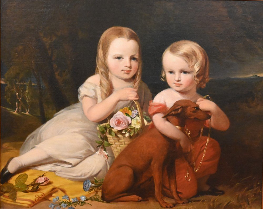 John Neagle, 1847, oil on canvas, Emma and Owen Glendower Jones and Dog Fury, 28 1/2" x 36".: John Neagle, 1847, oil on canvas, Emma and Owen Glendower Jones and Dog Fury, 28 1/2" x 36".