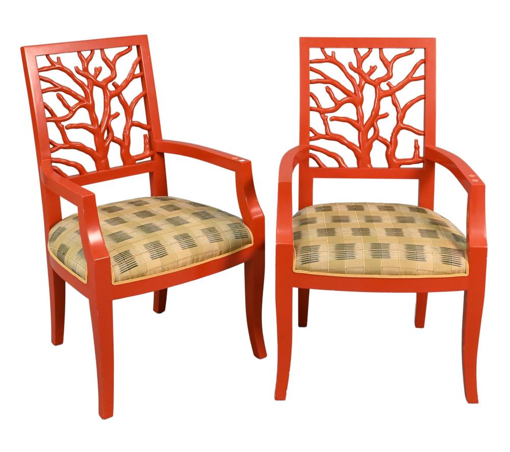 Pair of Coral Shaped Armchairs, red with coral design, having upholstered seats, sold by Lillian: Pair of Coral Shaped Armchairs, red with coral design, having upholstered seats, sold by Lillian August, height 39 1/2 inches.