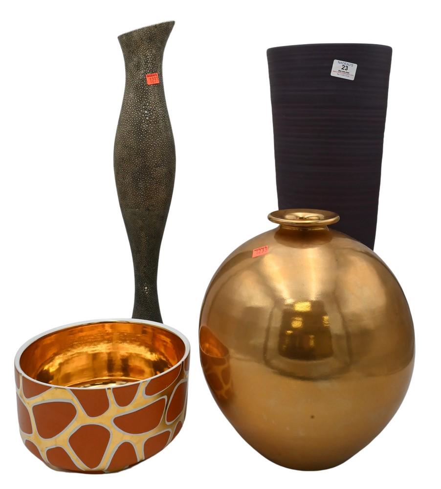 Four Piece Group of Vases, to include a Waylande Gregory bowl with gilt; large Rina Menardi pottery (1 of 6)