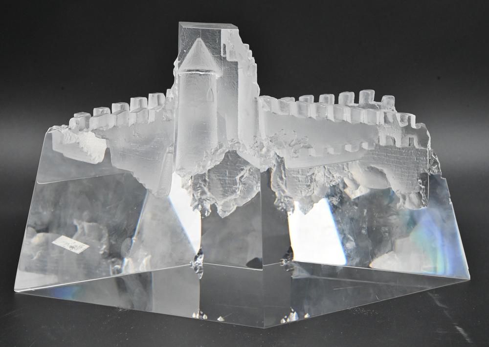 Steuben Glass Castle, signed on bottom, (several small chips), height 6 inches, length 10 inches.: Steuben Glass Castle, signed on bottom, (several small chips), height 6 inches, length 10 inches.