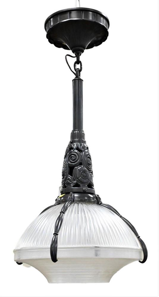 Ruhlmann-Brandt Pendant Hanging Light, having glass shade, height 32 inches, receipt for $2,675.: Ruhlmann-Brandt Pendant Hanging Light, having glass shade, height 32 inches, receipt for $2,675, shade sold by Urbanarchaeology for $3,000 retail.