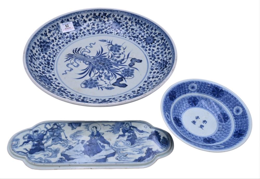 Three Blue and White Chinese Porcelain Pieces, to include a large charger with scrolling leaves, (1 of 7)