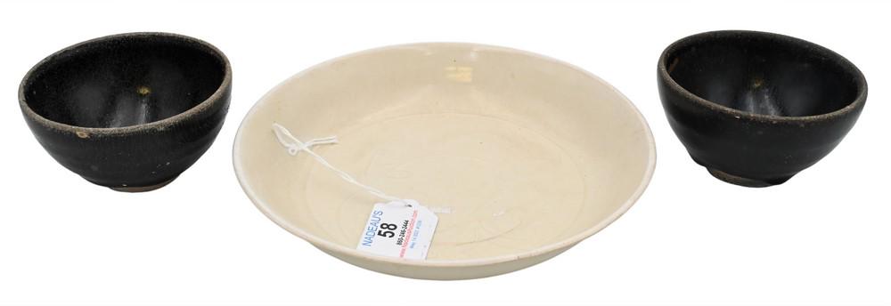 Three Piece Glazed Chinese Porcelain Group, to include a white incised dish; along with two small (1 of 6)