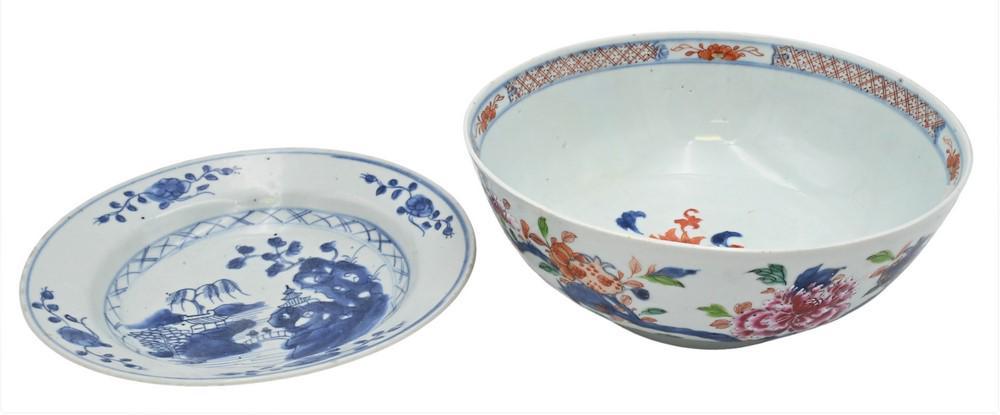 Two Piece Lot, to include a Chinese Export bowl, diameter 9 1/4 inches; and a blue and white dish. (1 of 6)