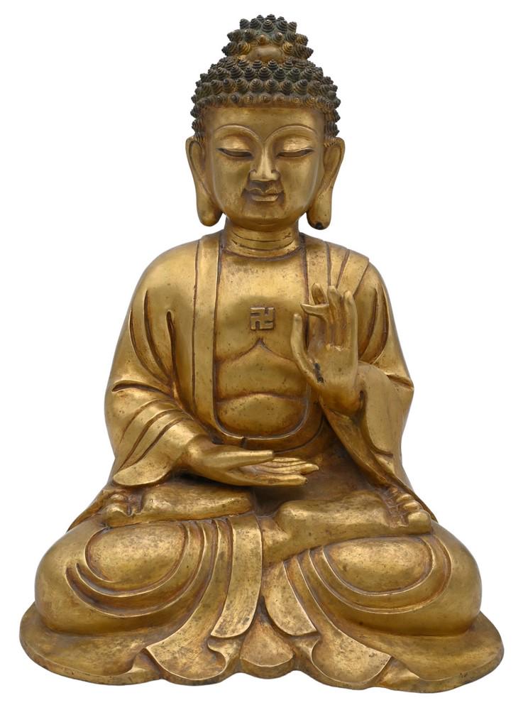 Large Chinese Gilt Bronze Seated Buddha Figure, seated with legs crossed, height 16 inches. (1 of 6)