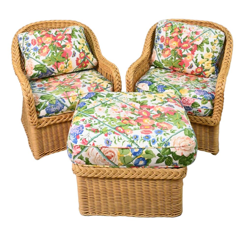 Bielecky Brothers Three Piece Wicker Set, to include two armchairs and ottoman, along with custom (1 of 5)