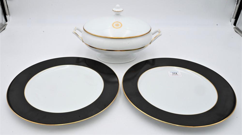 17 Piece Bernardaud Limoge Set, to include 12 service plates Madison Platine Noir, serving pieces: 17 Piece Bernardaud Limoge Set, to include 12 service plates Madison Platine Noir, serving pieces Sparte, 2 covered tureens, platter, bowl, along with a gravy boat; diameter 11 3/4 inches. Provenance: