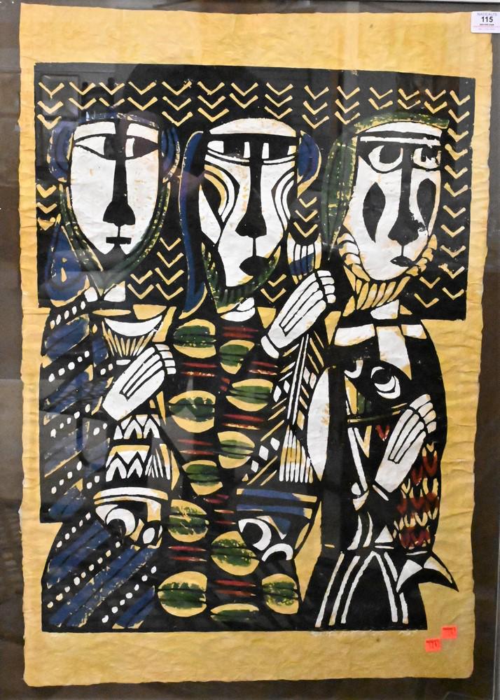 Sadao Watanabe (Japan, 1913 - 1996), mixed media, abstract figures, 1969, edition 32/50, signed and (1 of 5)