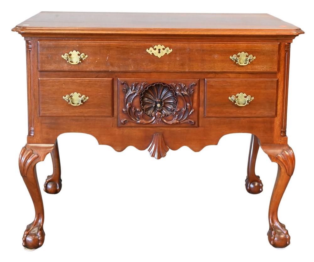 Custom Mahogany Chippendale Style Lowboy, having shell carving on ball and claw feet, attributed to (1 of 4)
