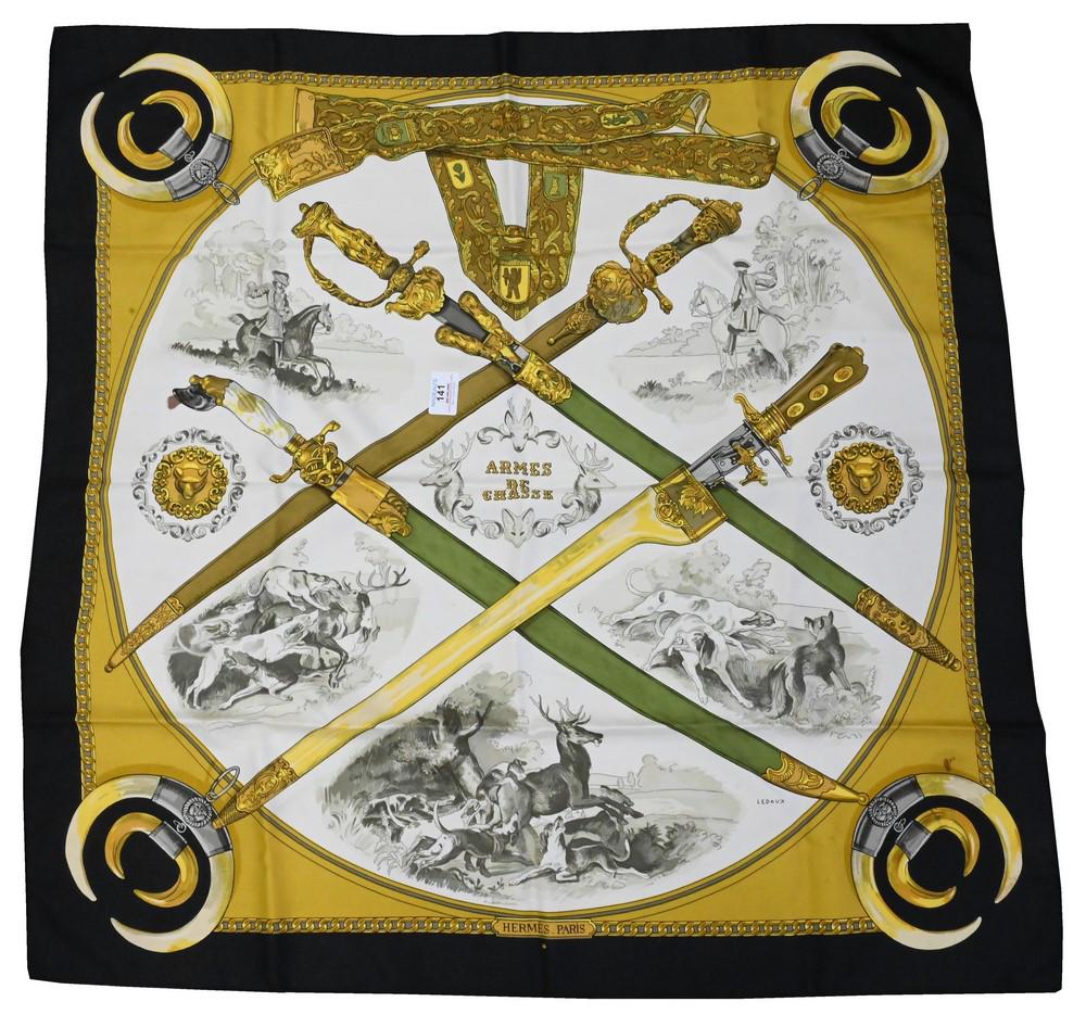 Hermes Paris "Armes De Chasse" Silk Scarf, 33" x 34". Provenance: Collections of Norma Reilly, New: Hermes Paris "Armes De Chasse" Silk Scarf, 33" x 34". Provenance: Collections of Norma Reilly, New Jersey.