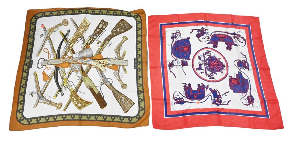 Two Hermes Silk Scarves, to include Diane, Paris silk scarf; along with a red, white and blue horse (1 of 5)