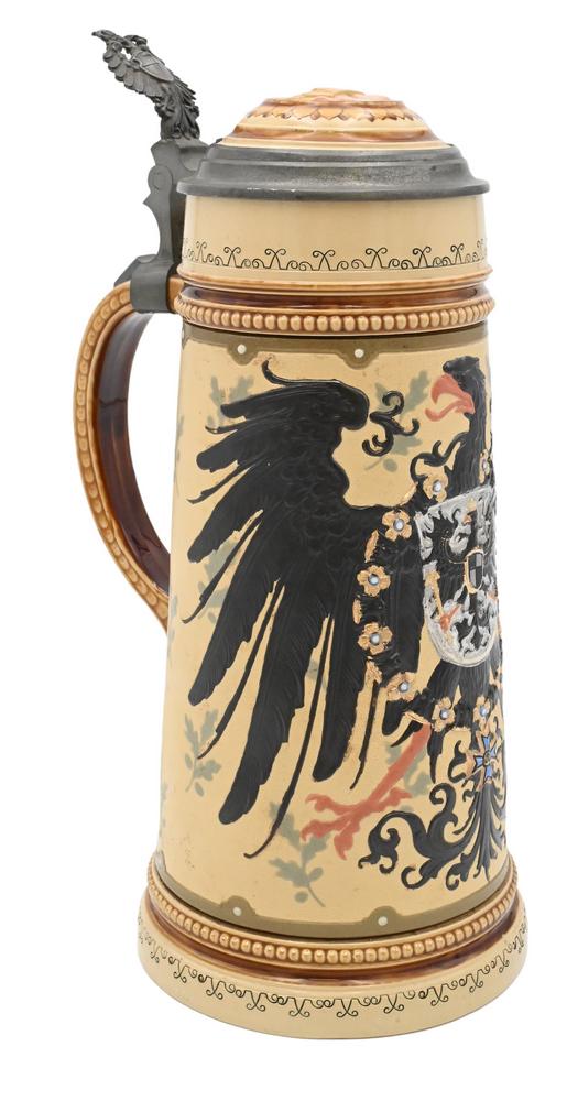Mettlach Imperial Eagle Stein, marked 2204, height 11 1/2 inches. Provenance: Collections of Norma (1 of 4)