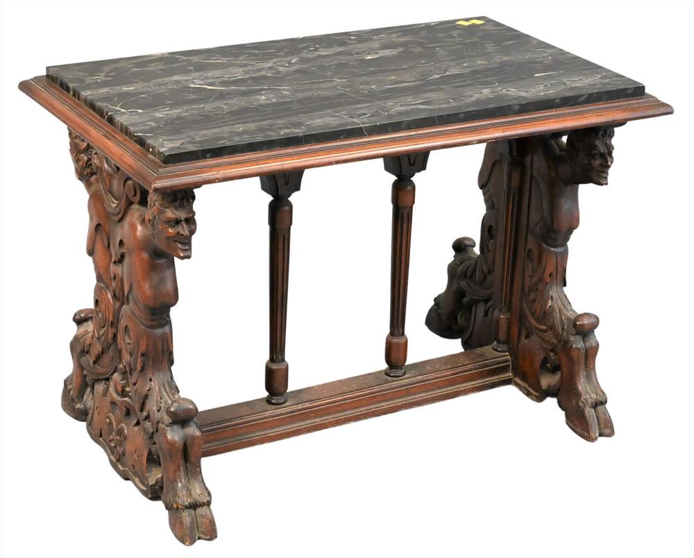Walnut Table, having grey marble top, faun supports and clove foot, height 20 1/2 inches, top 17: Walnut Table, having grey marble top, faun supports and clove foot, height 20 1/2 inches, top 17 3/4" x 30".