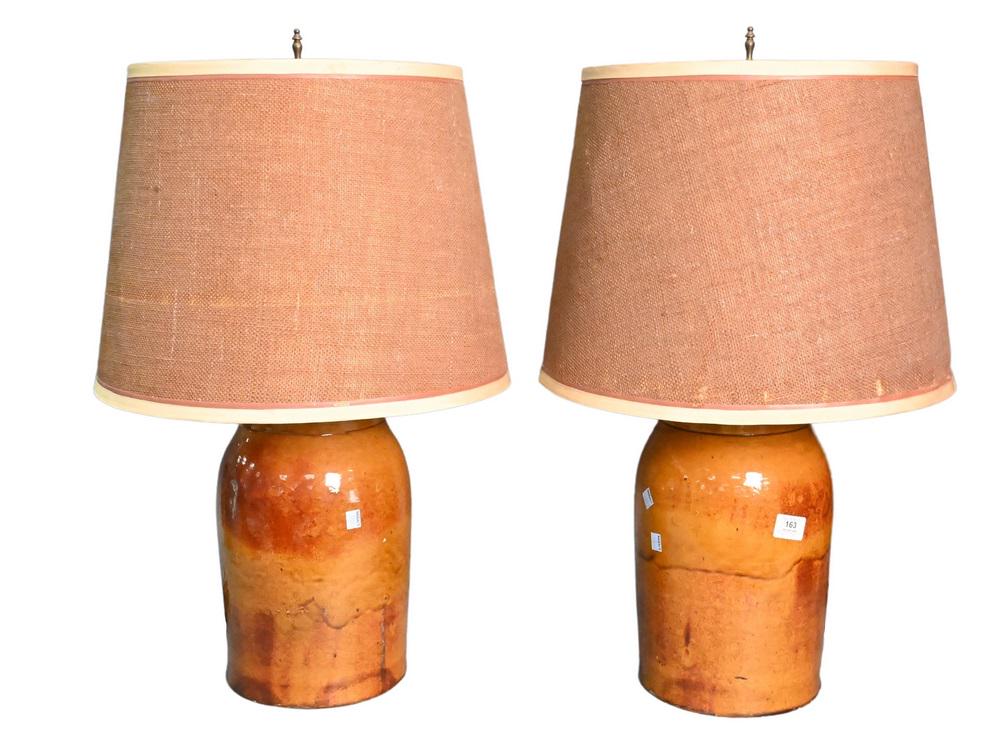 Pair of Brown Glazed Two Gallon Crocks, made into table lamps, lamp height 28 inches. Provenance: (1 of 3)