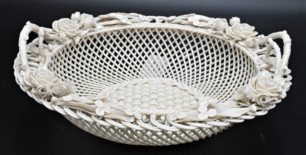 Belleek Porcelain Handled Basket, three strand, basket with flowers and twig handles, impressed mark (1 of 4)