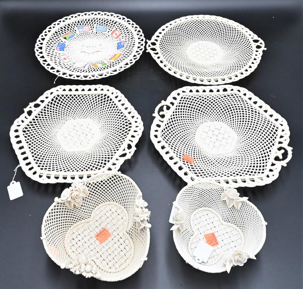 Six Piece Belleek Group, to include a pair of hexagon four strand plates, diameter 10 inches; a (1 of 6)