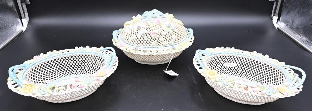 Group of Three Belleek Oval Basket, one with one cover encrusted with flowers along with a pair (1 of 8)