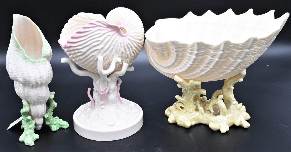 Three Belleek Shell Compotes, to include Nautilus with pink painted shell and coral, height 8 (1 of 7)