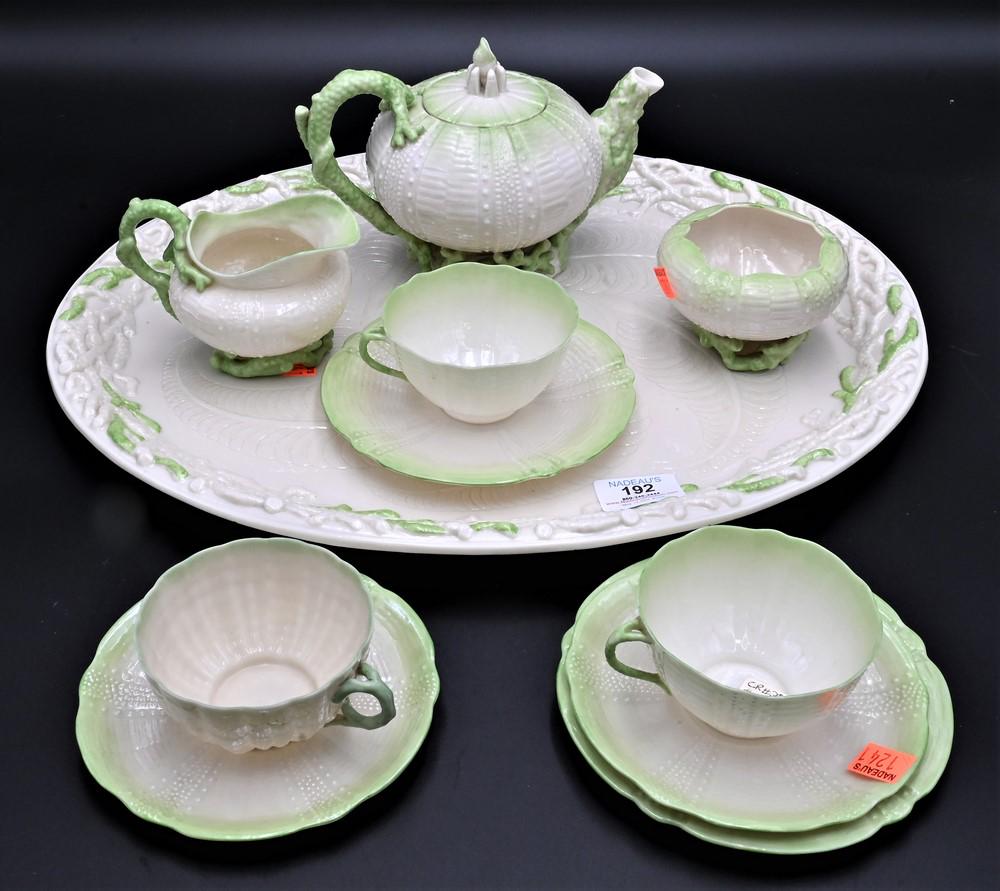 11 Piece Belleek Echinus Tea Set, to include tray, sugar, creamer, teapot, 3 cups, 4 saucers, green (1 of 6)
