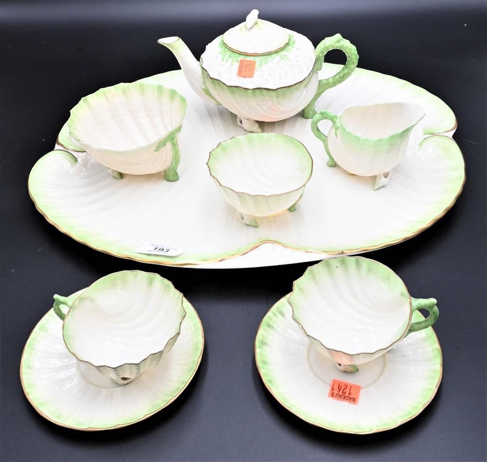 Nine Piece Belleek Neptune Porcelain Green Shell and Coral Form Tea Set, to include teapot, sugar, (1 of 5)