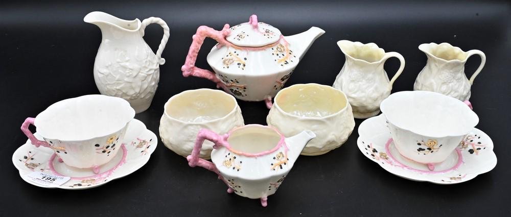 Six Piece Belleek Thornberry Pink Set, pink with black mark; along with five piece creamer and sugar (1 of 5)