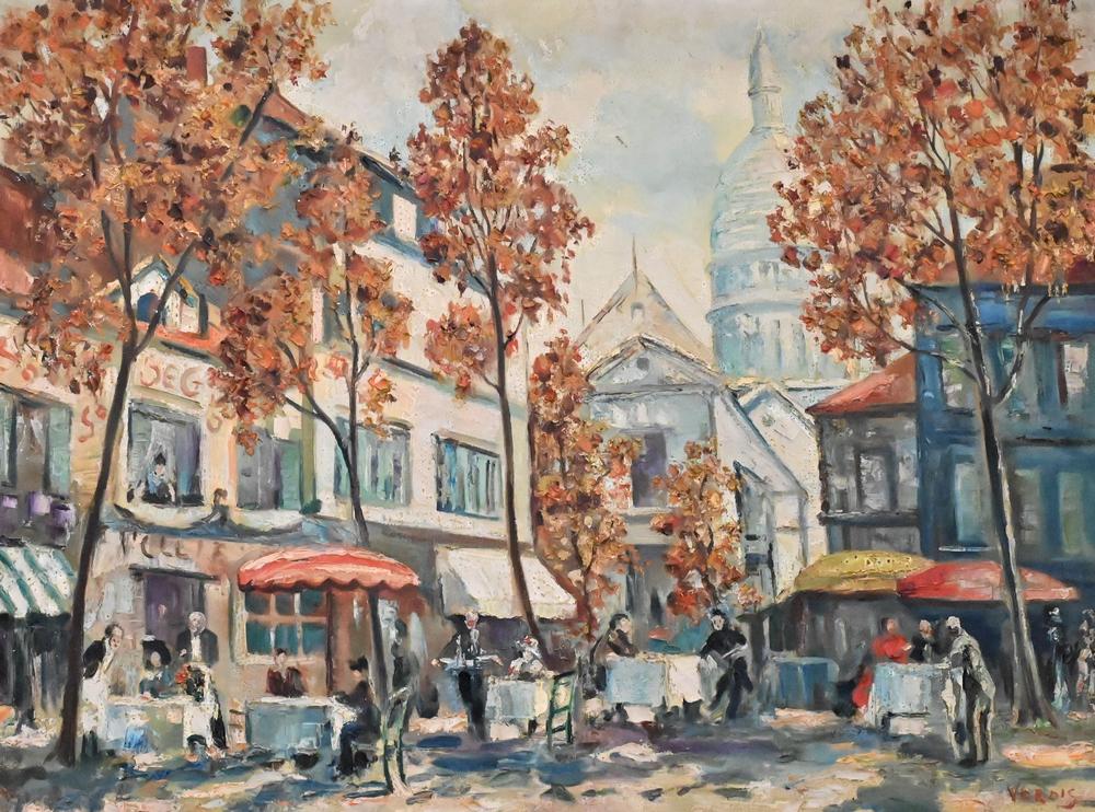 French School (20th century), courtyard scene, oil on canvas, signed lower right, height 30 inches, (1 of 5)