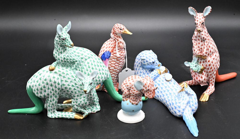 Five Herend Porcelain Figures, to include two kangaroo porcelain figures, green fishnet double (1 of 6)