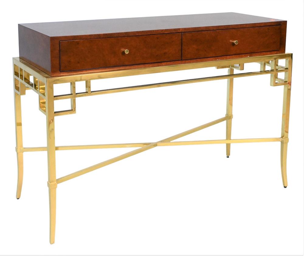 Bolier & Company Burlwood Table, on brass base, height 33 inches, top 19" x 48". (1 of 5)