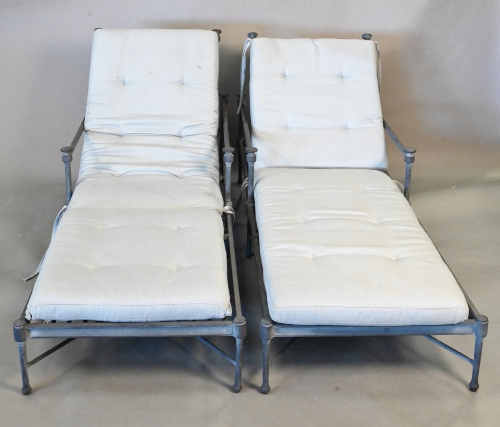 Pair of Restoration Hardware Patio Chaise Lounges, having upholstered cushions, length 70 inches, (1 of 4)
