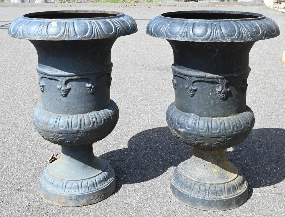 Pair of Iron Urns on Round Bases, height 35 inches, inside diameter 18 1/2 inches. (1 of 4)