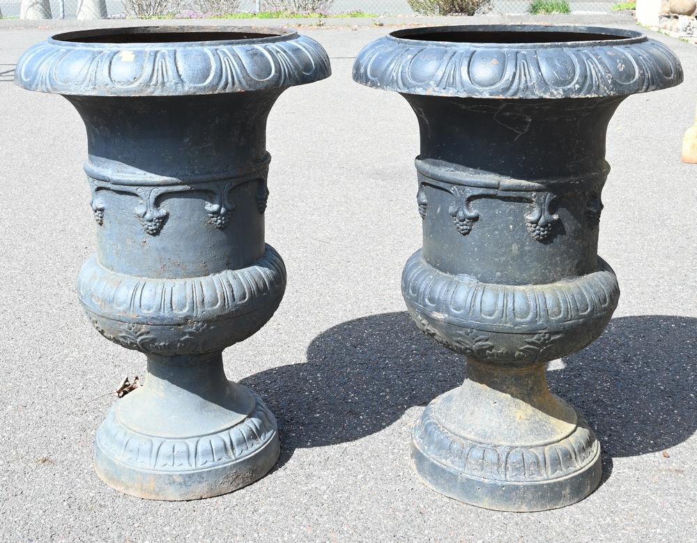 Pair of Iron Urns on Round Bases, height 35 inches, inside diameter 18 1/2 inches. (1 of 2)
