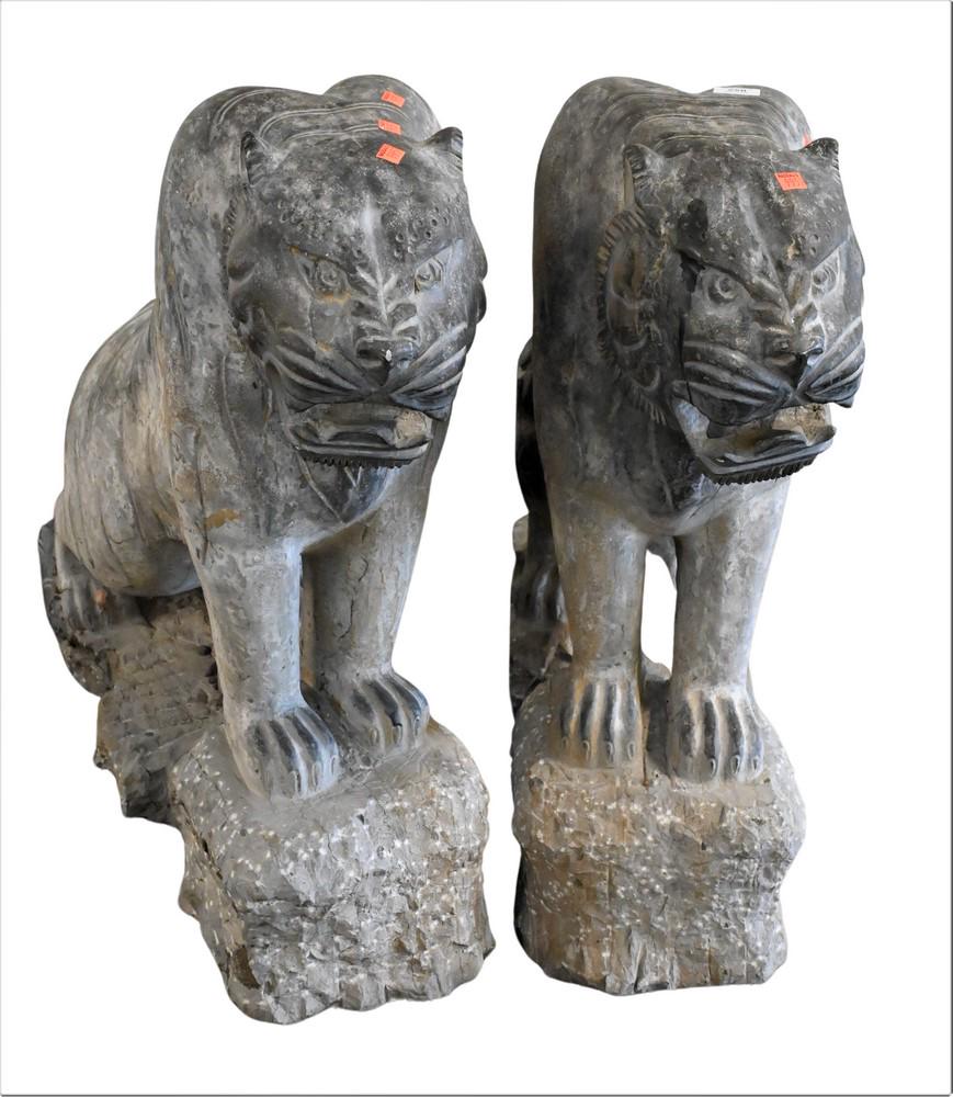 Pair of Carved Stone Cats, on carved bases, one tail broken off but available, height 32 inches, (1 of 7)