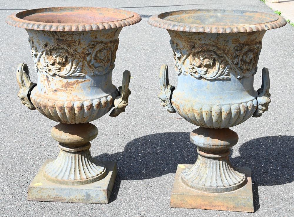 Pair of Iron Urns, having handles, on square footed bases, height 30 inches, inside diameter 18 1/2 (1 of 4)