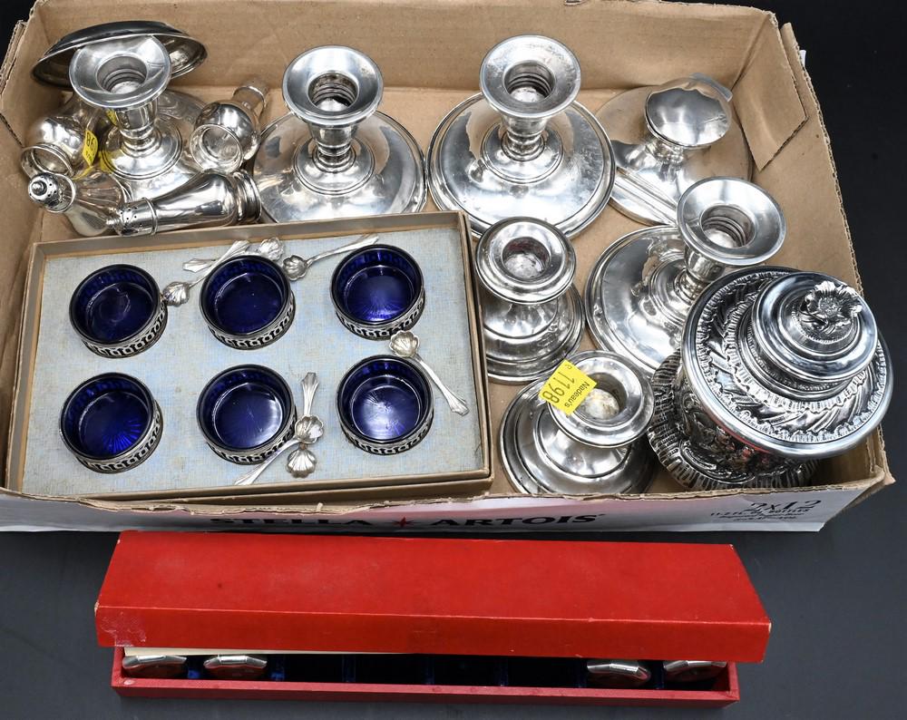 Tray Lot of Sterling Silver, to include six cobalt lined salts and spoons, candlesticks, shakers, (1 of 6)