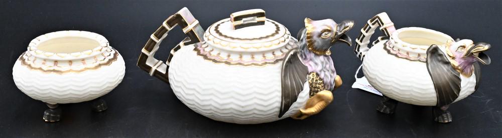 Three Piece Belleek Dragon Tea Set, to include a small teapot, creamer and sugar, all painted, (1 of 7)