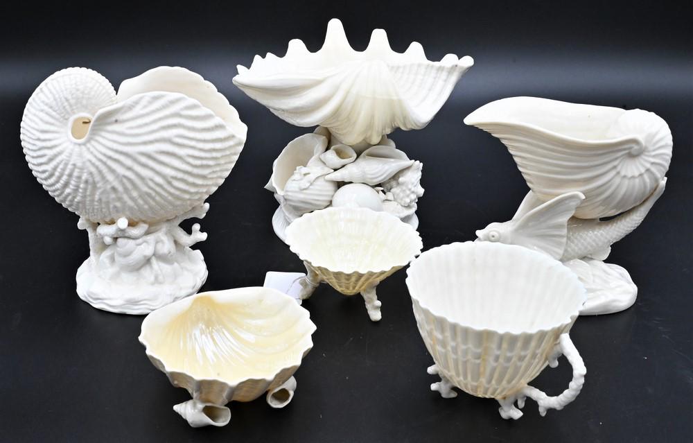 Six Belleek Shell Form Pieces, to include three compotes on shell and fish bases, along with three (1 of 6)