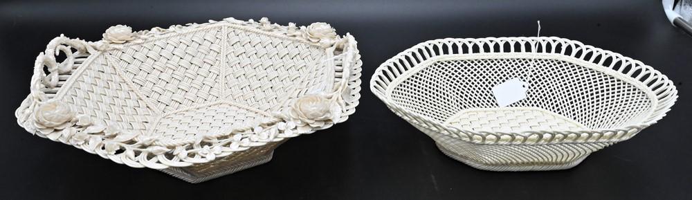 Two Belleek Baskets, four strand, one encrusted with flowers and twig handles, impressed mark on (1 of 6)
