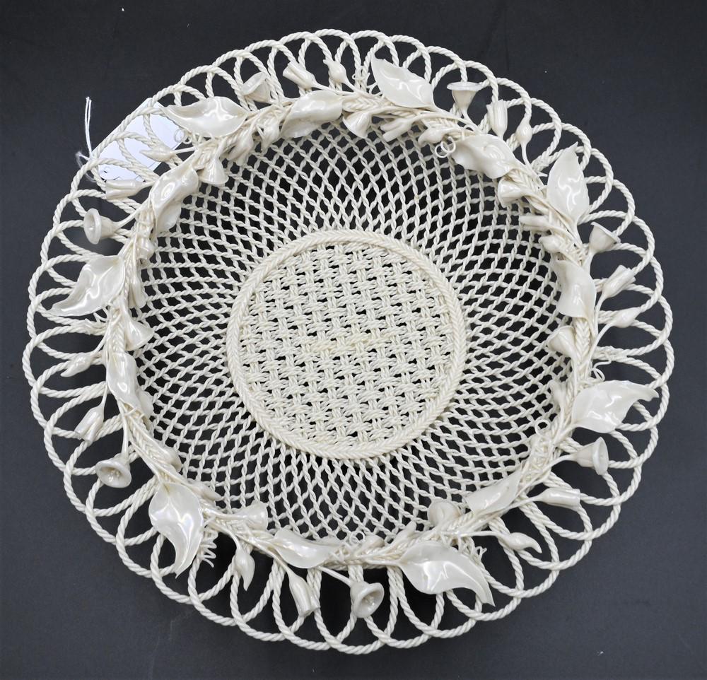 Belleek Porcelain Basket, two strand, bearing an iridescent glaze, having flowers, leaves, and vines (1 of 5)