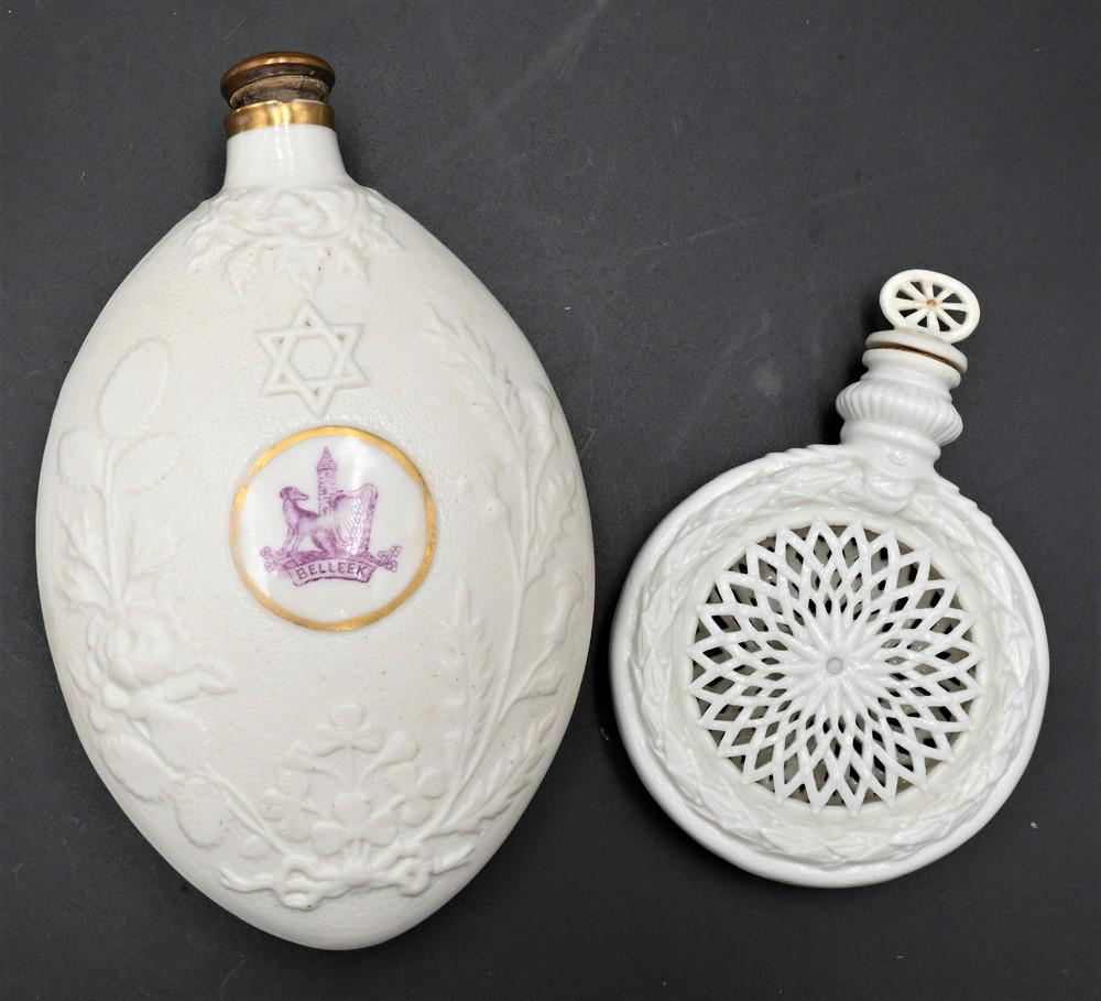 Two Belleek Bottles, small flask with purple mark on side, along with scent bottle with reticulated (1 of 5)