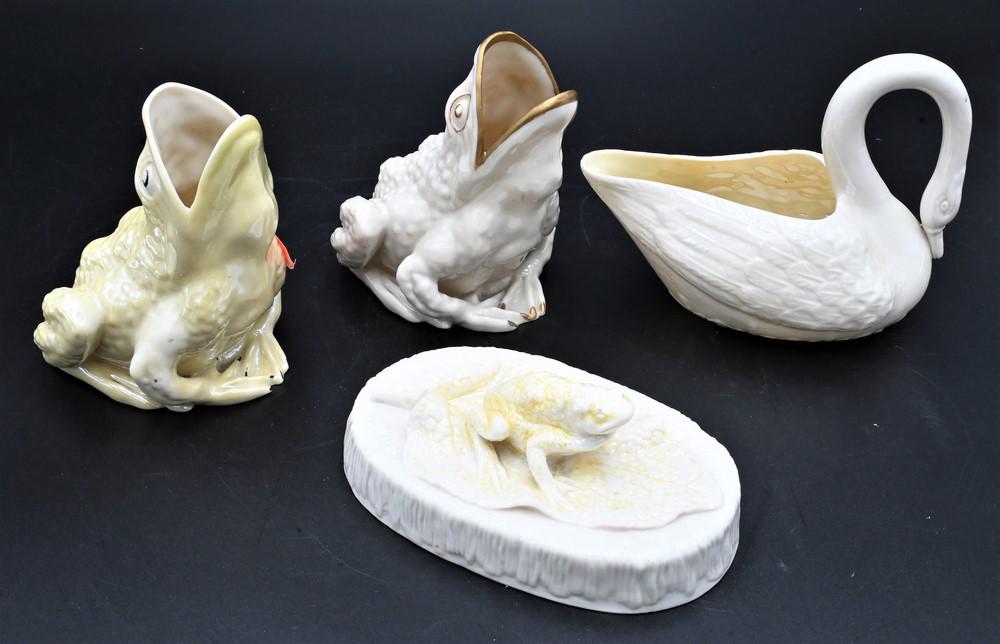 Four Belleek Animals, to include three frogs along with a swan; all with black marks; tallest frog 4 (1 of 7)