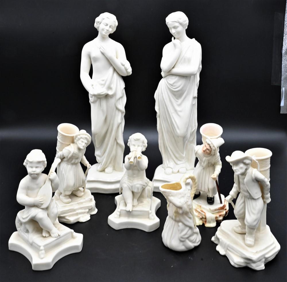 Figural Belleek Group, to include cherub, three figures with basket vases, along with two tall: Figural Belleek Group, to include cherub, three figures with basket vases, along with two tall figures, height 12 inches. Provenance: Collections of Norma Reilly, New Jersey.