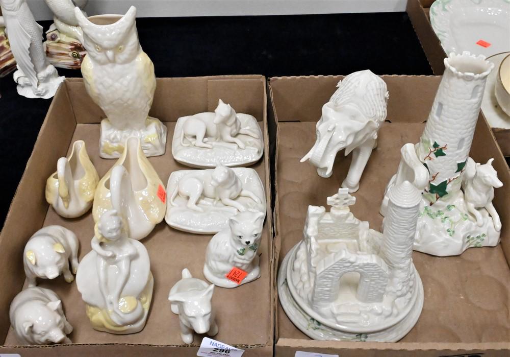 Two Tray Lots of Belleek Animals, to include cat, dogs, pigs, swans, elephant, owl, etc. Provenance: (1 of 6)