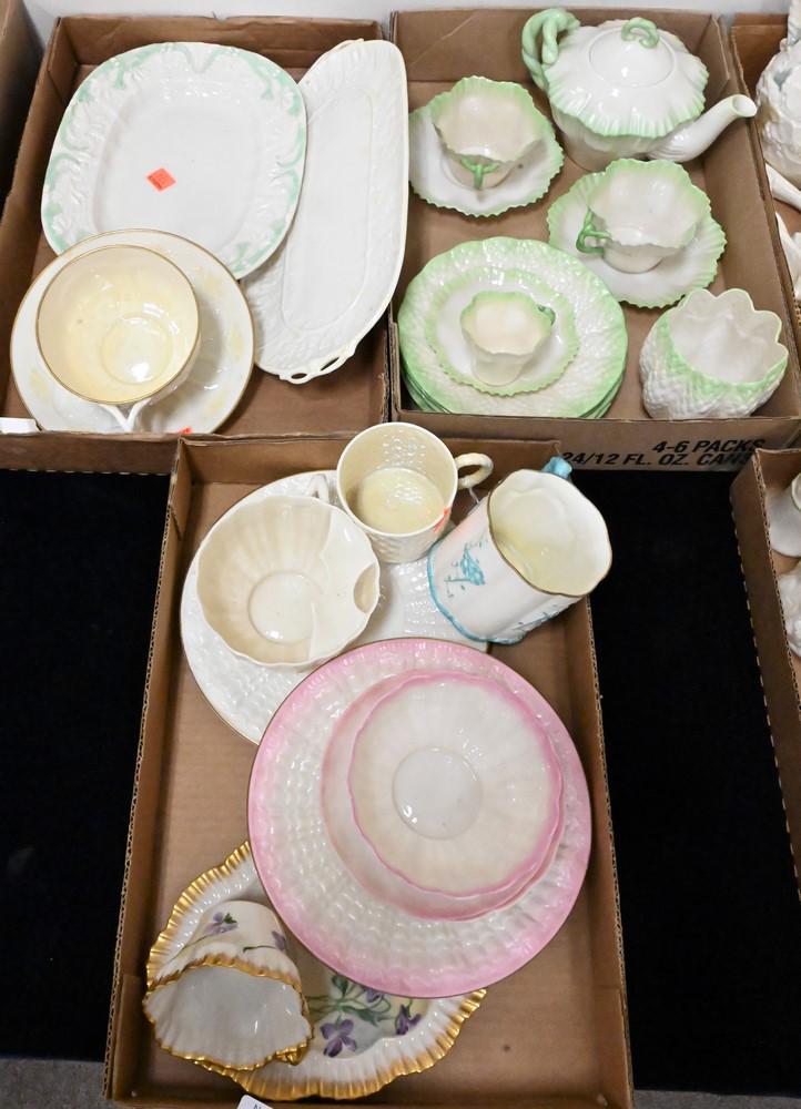Three Tray Lots of Belleek, to include a tea set, cups, saucers, platters, etc. Provenance: (1 of 5)