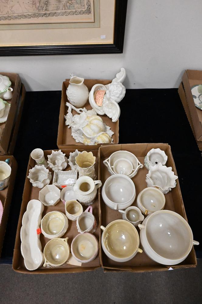 Three Tray Lots of Belleek, to include wall pockets, creamers, sugars, along with vases; all having (1 of 5)