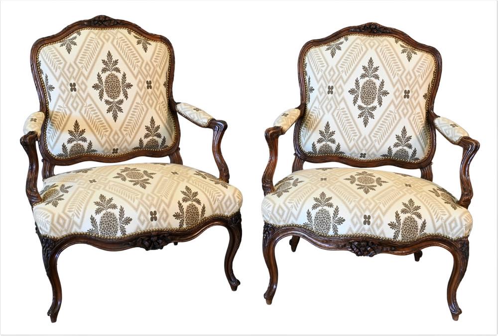 Pair of Nogaret Lyon Louis XV Walnut Fauteuil, ribbon carved and fluted backs and frames, set on (1 of 11)