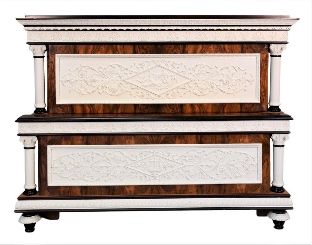 Queen Size Custom Burlwood and White Painted Molded Bed, headboard height 57 inches. (1 of 5)